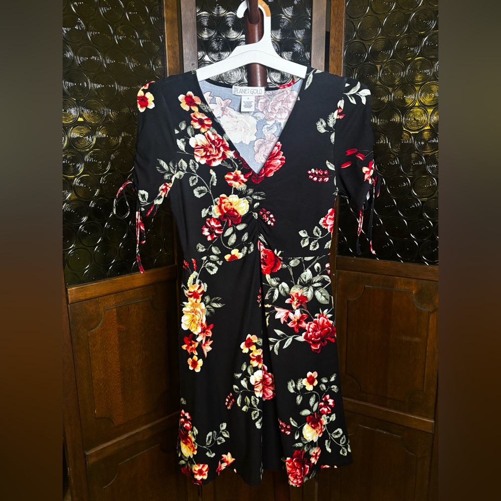 Planet Gold Black Dress with Red and Yellow Floral Design
